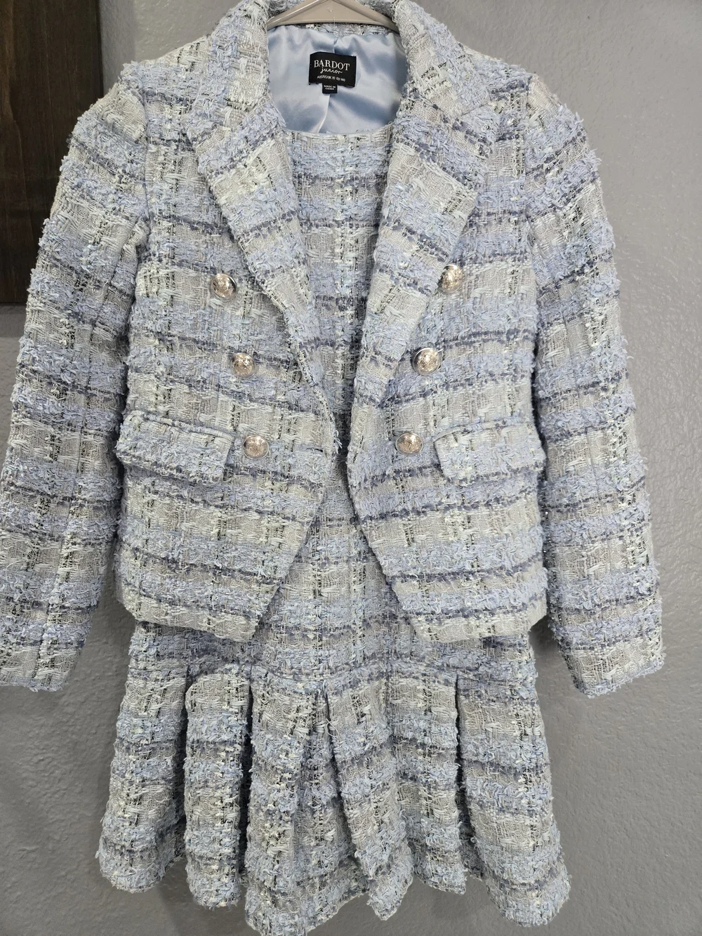 Bardot Light Blue and Cream Tweed Blazer & Skirt Set